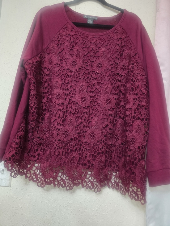 Adrianna Papell Tops - Adrianna Papell Burgundy Lace Front Pullover Sweatshirt